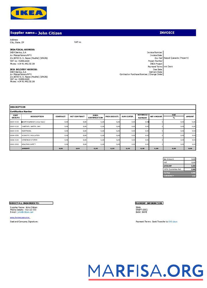 Blank USA Ikea invoice template
